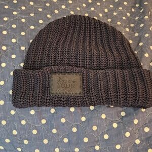 Love Your Melon Black Ribbed Knit Hat with Leather Patch